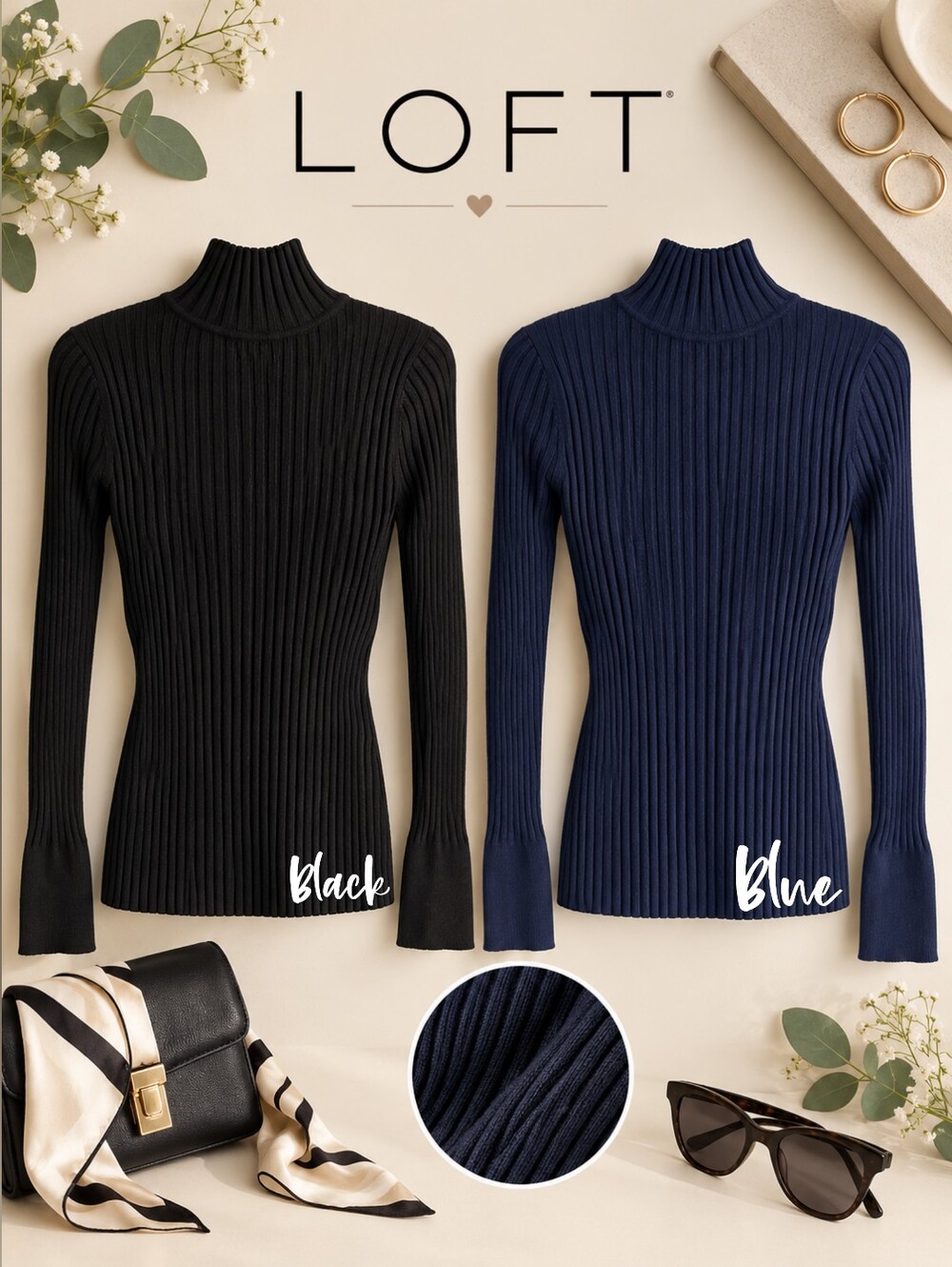2 for 1! LOFT Minimalist Ribbed Mock Neck Sweaters x2, Blue & Black